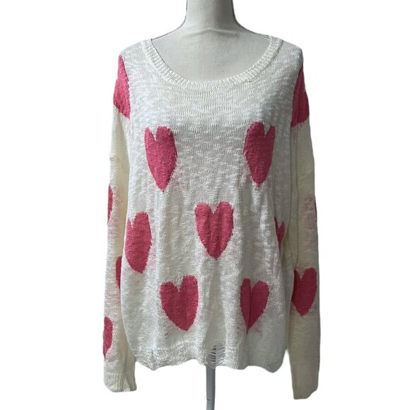 Blakeley Lightweight Loose Knit Sweater With Pink Hearts Distressed Hemline XL - Picture 10 of 10